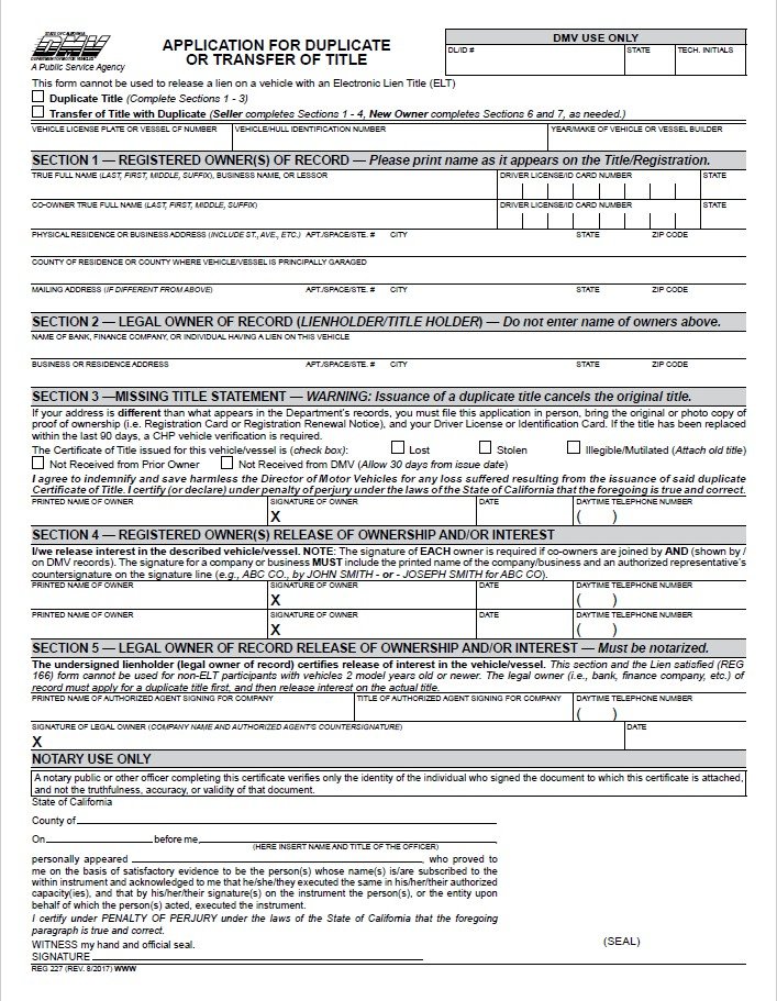 A REG 227 FORM. ALSO KNOWN AS A APPLICATION FOR DUPLICATE TITLE OR TRANSFER OF TITLE. 